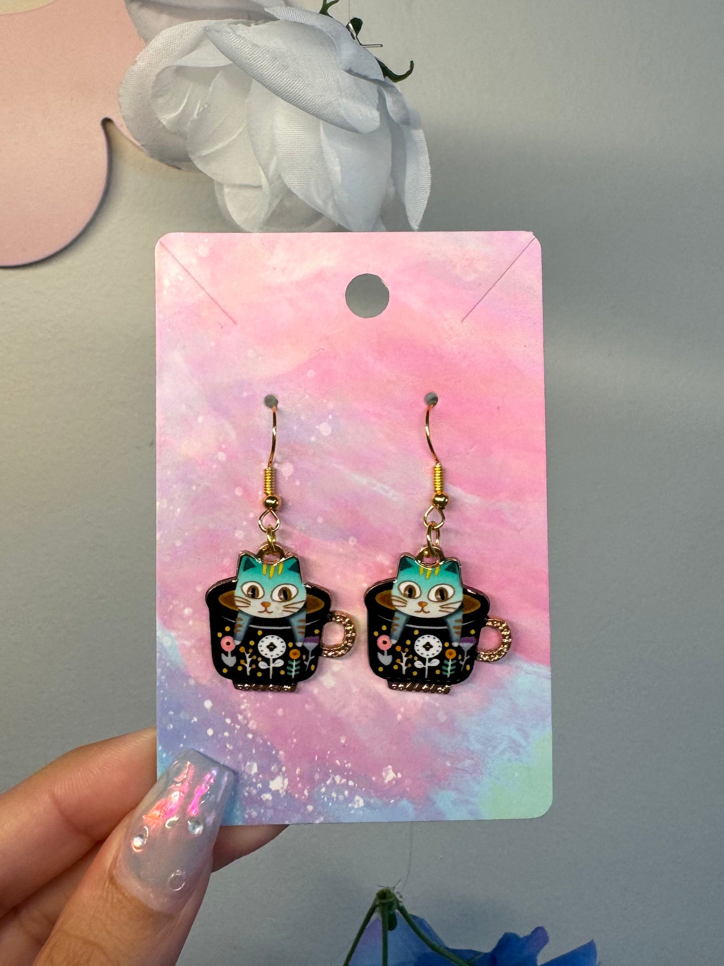 Blue Kitty Spilling The Tea Earrings