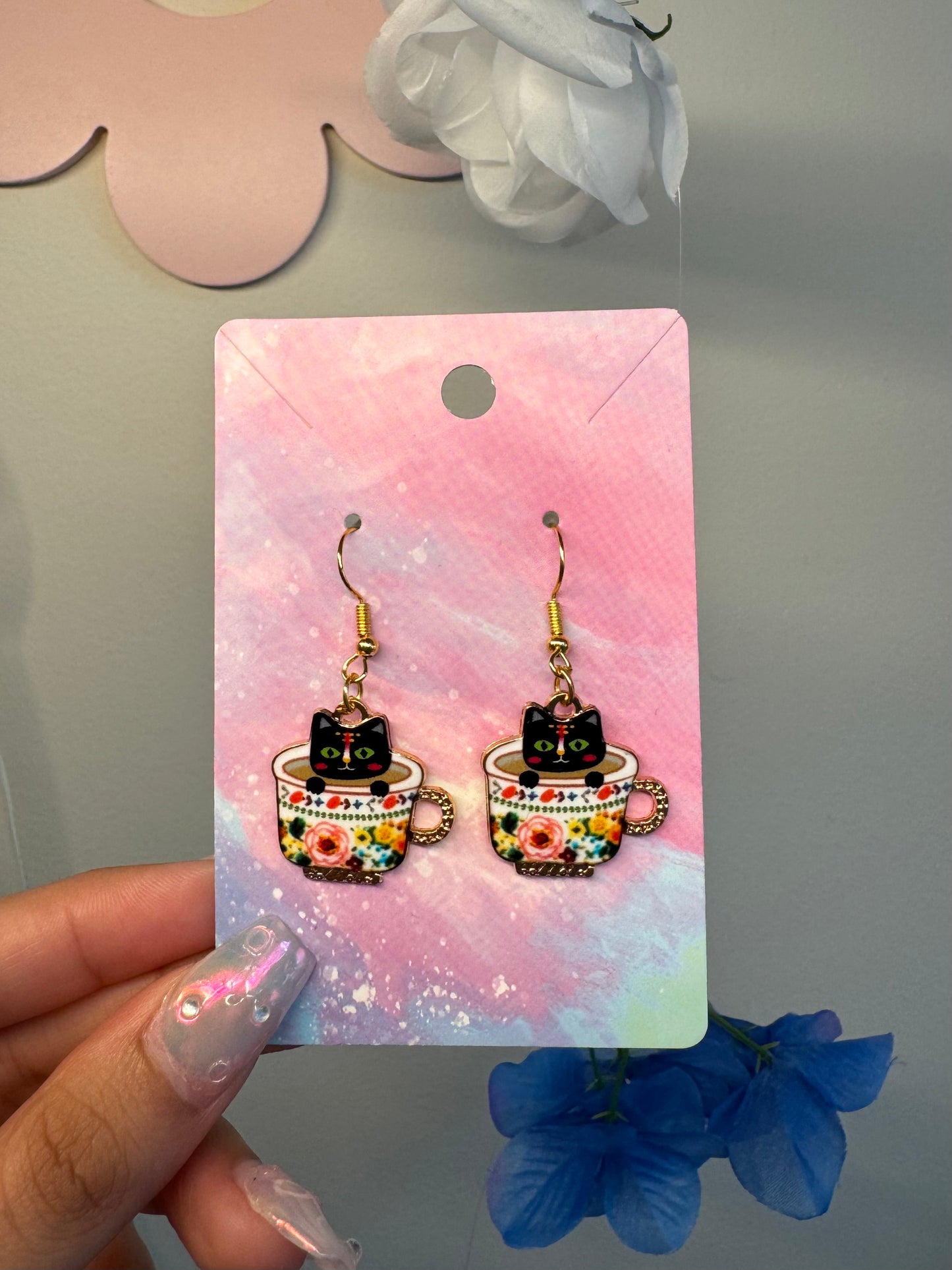 Black Kitty Spilling The Tea Earrings