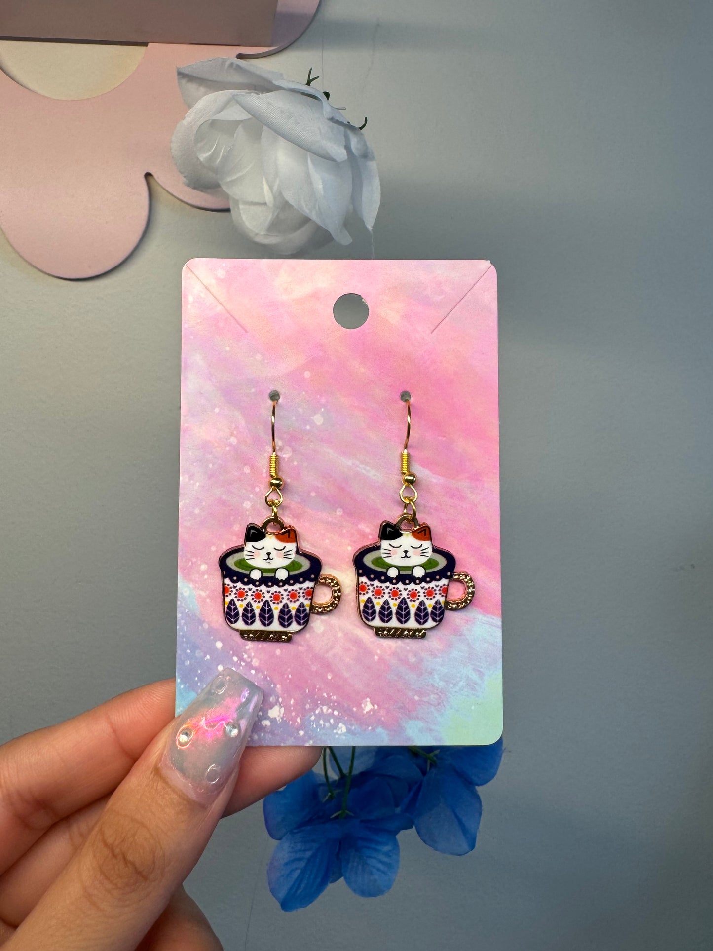 Sleepy Kitty Spilling The Tea Earrings