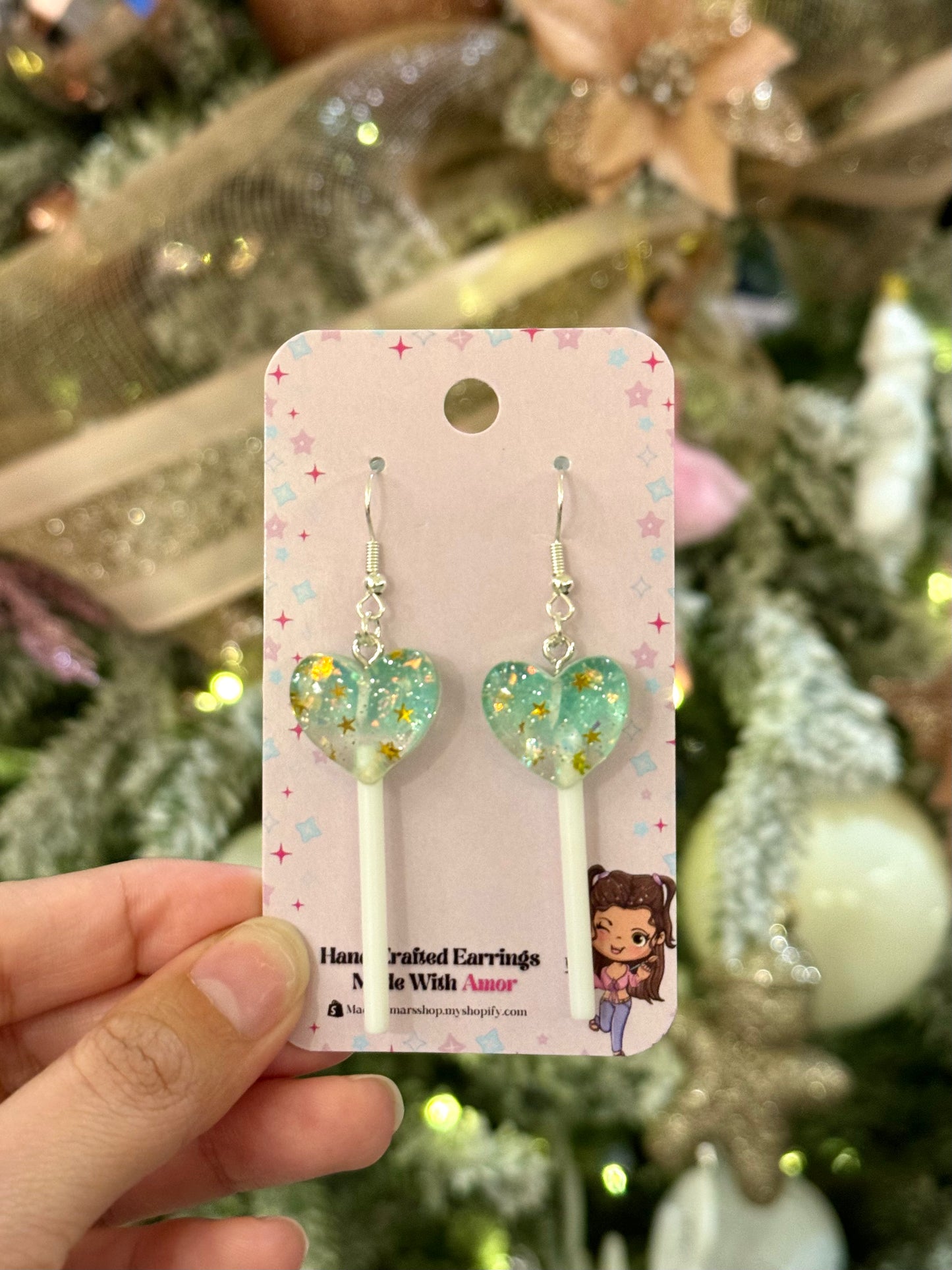 Sparkle Star Green Lollipop Earrings